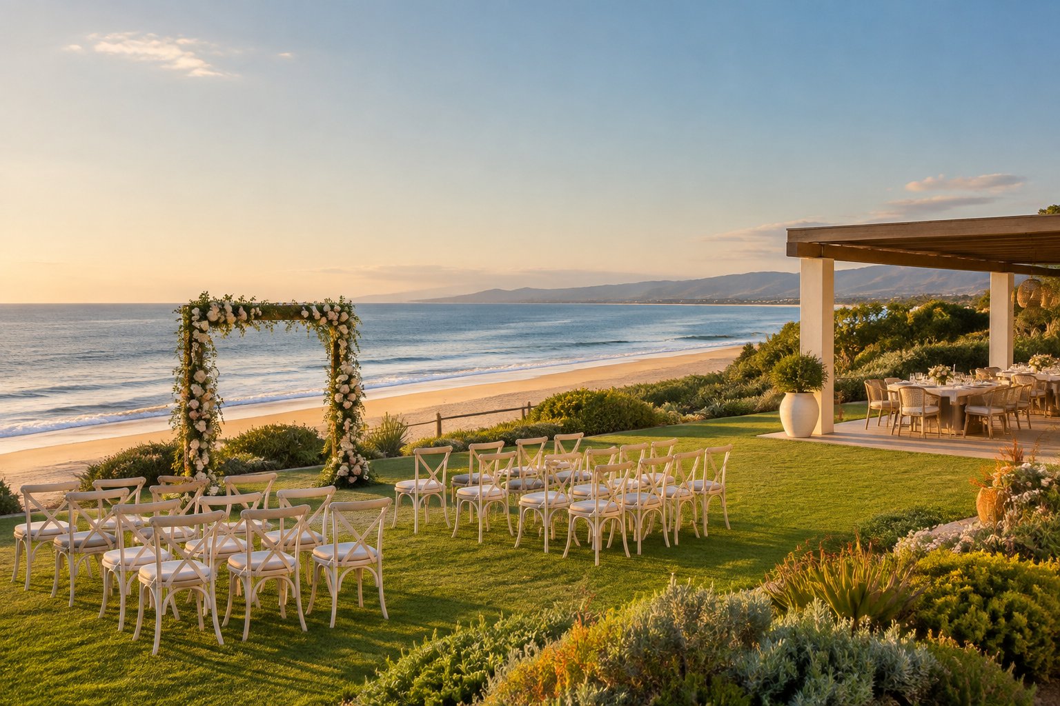 Elegant beachfront wedding venue with garden seating, floral arch, sandy beach, and ocean views.