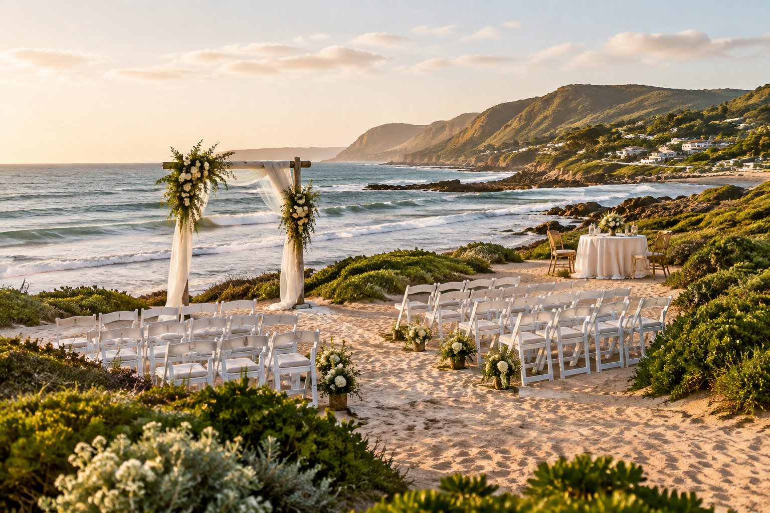 A seaside wedding ceremony setup with white chairs, flowers, and a coastal landscape.