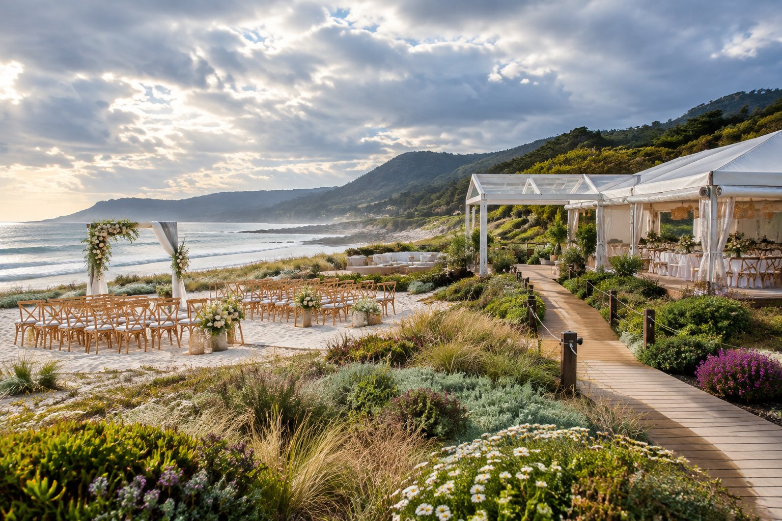 A prepared beach wedding venue beside lush coastal gardens under changing skies, with a covered backup reception area near the ocean.