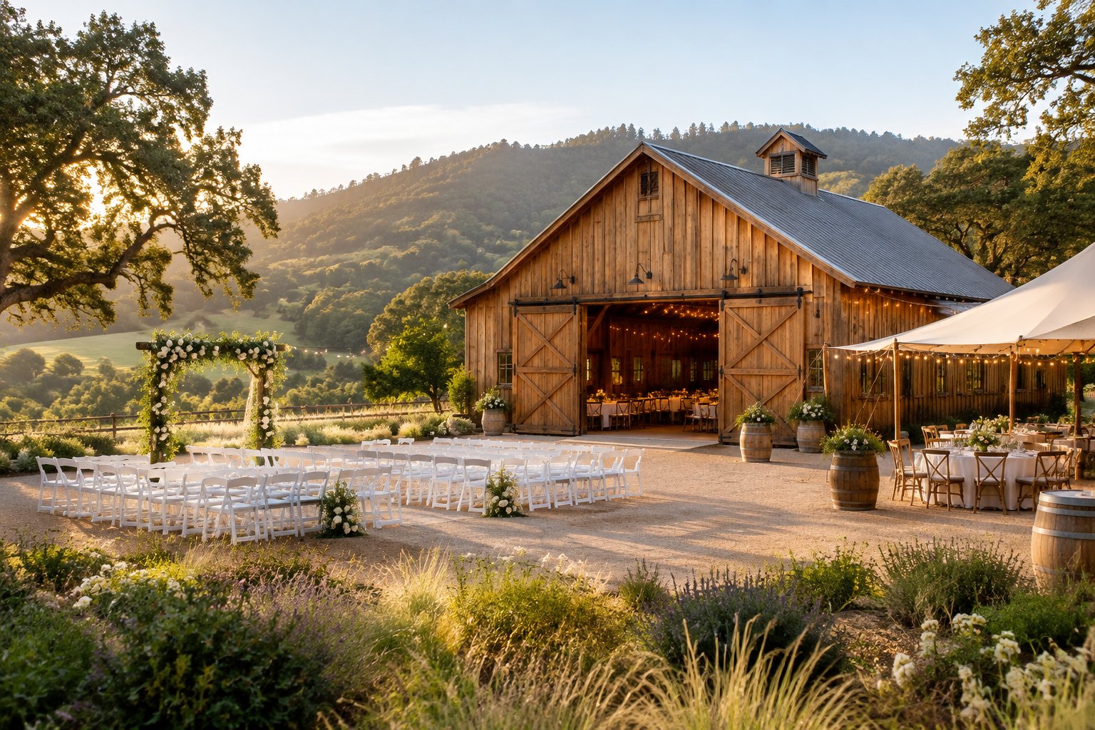 A rustic barn wedding venue with outdoor seating and floral decorations in the green Santa Cruz countryside.