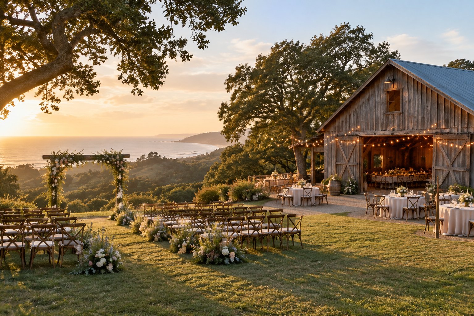 A rustic barn wedding venue in the coastal hills near Santa Cruz, decorated with flowers, string lights, and outdoor ceremony seating.