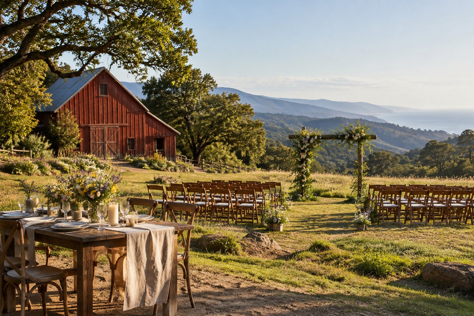 A rustic wedding ceremony setup beside a red barn in a sunny California meadow.