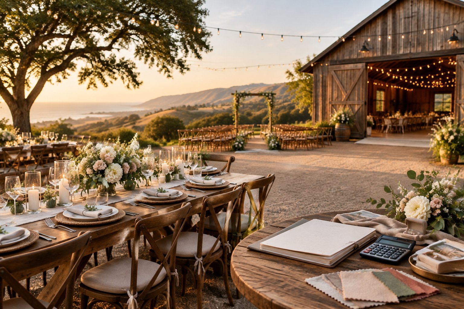 Rustic barn wedding reception setup with a budget folder and planning items overlooking rolling hills in Santa Cruz.