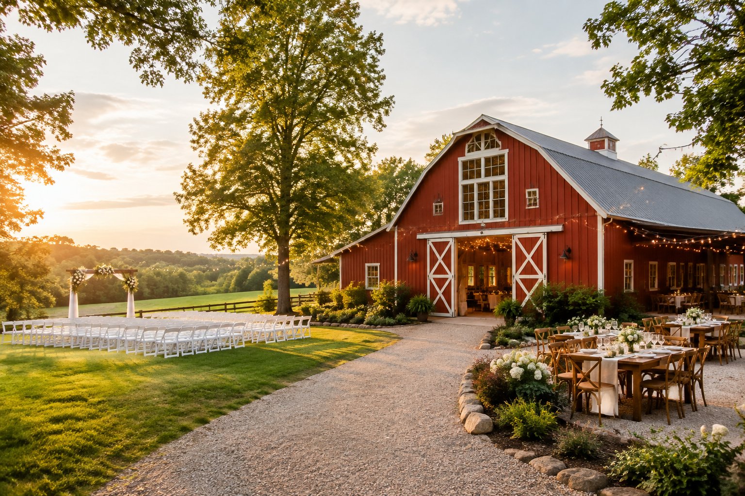 A rustic wedding barn surrounded by green countryside with outdoor chairs, flowers, and string lights.