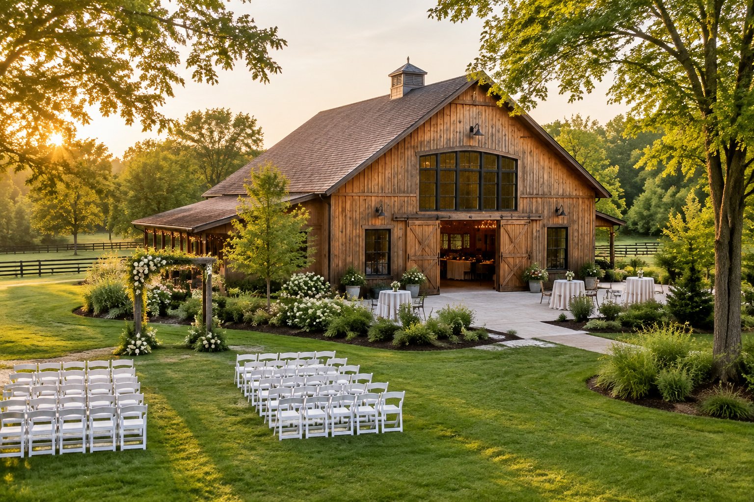 A rustic barn wedding venue surrounded by green lawns and mature trees.