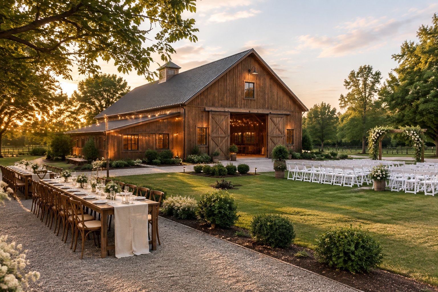 A restored barn wedding venue with outdoor ceremony chairs and elegantly set reception tables.