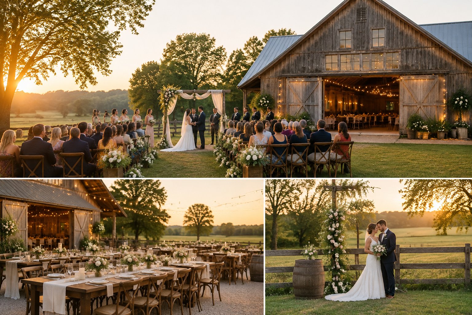 A wedding ceremony and reception set beside a rustic barn with floral decorations, string lights, and scenic outdoor photo areas.