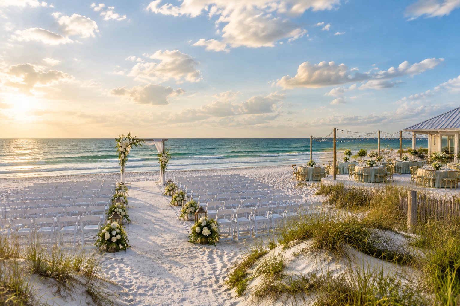 A decorated beach wedding ceremony setup with white chairs, a floral arbor, and the Gulf shoreline in the background.
