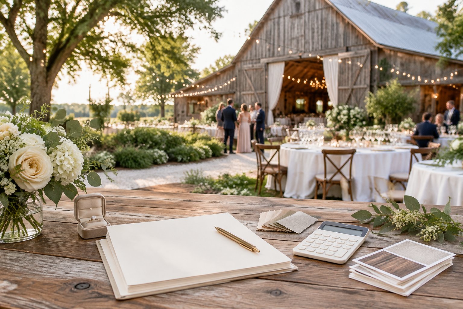 Rustic barn wedding venue with reception tables and wedding planning details on a wooden table.