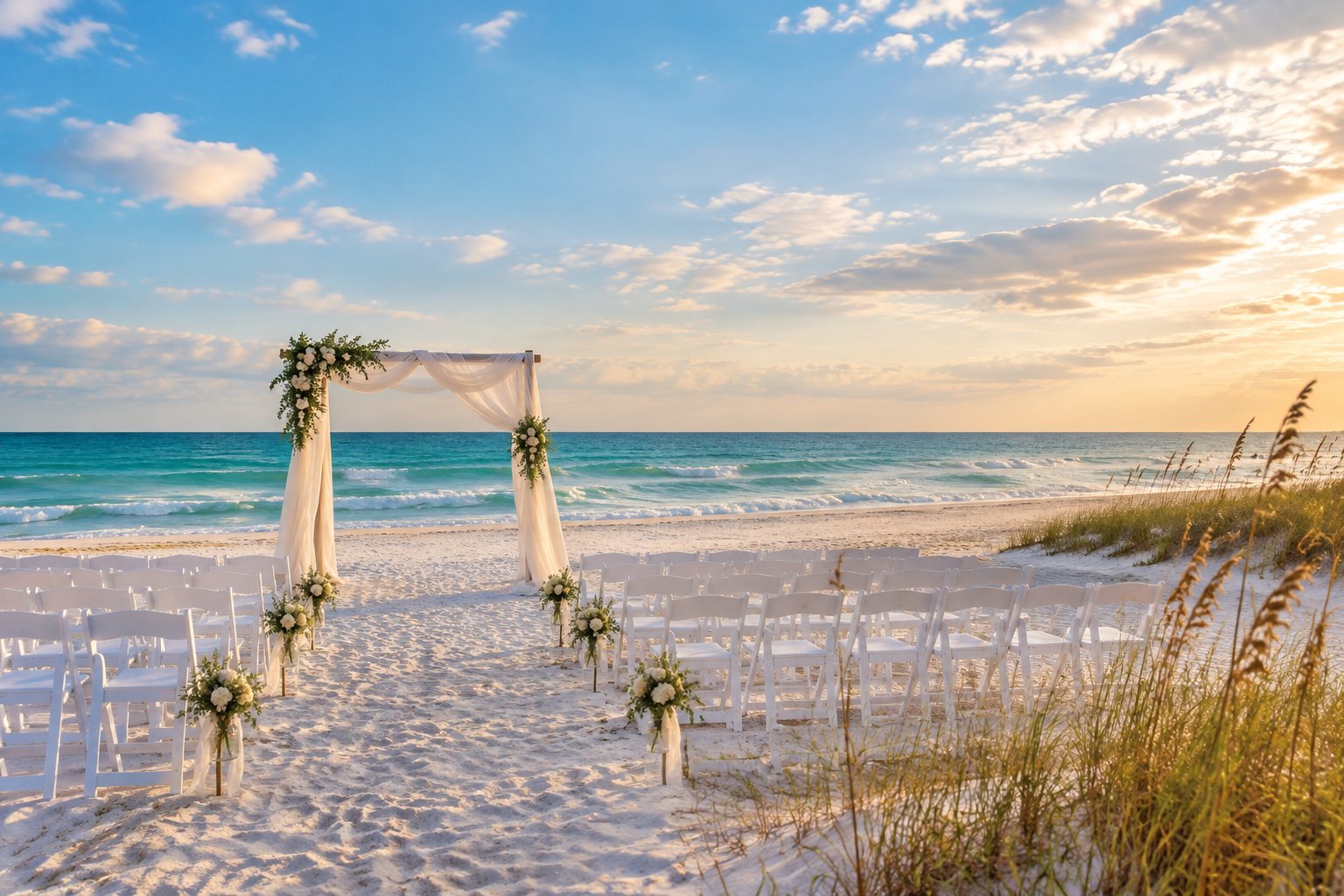 A decorated wedding ceremony setup on a white-sand beach beside the turquoise Gulf of Mexico.