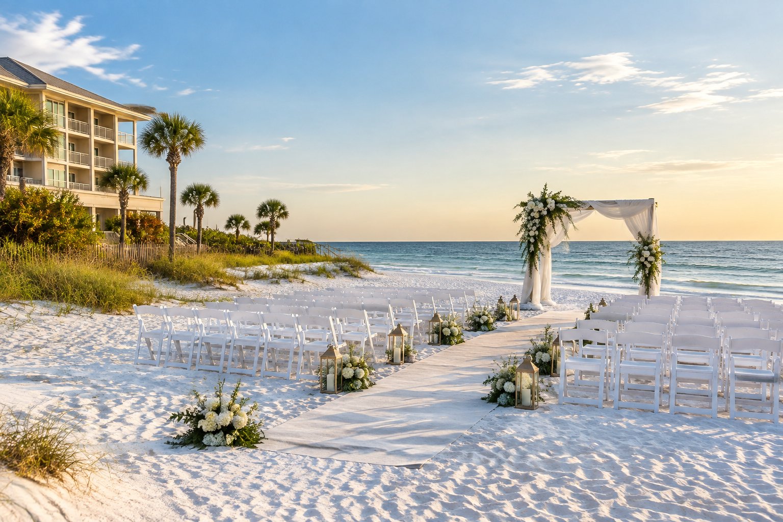 An elegant beach wedding ceremony setup on a white-sand Gulf Coast beach with a floral arch, chairs, and a beachfront resort in the background.