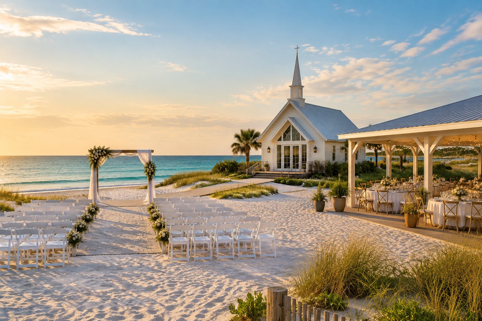 A coastal wedding venue with a beach ceremony setup, white chapel, and elegant reception tables beside calm Gulf waters.