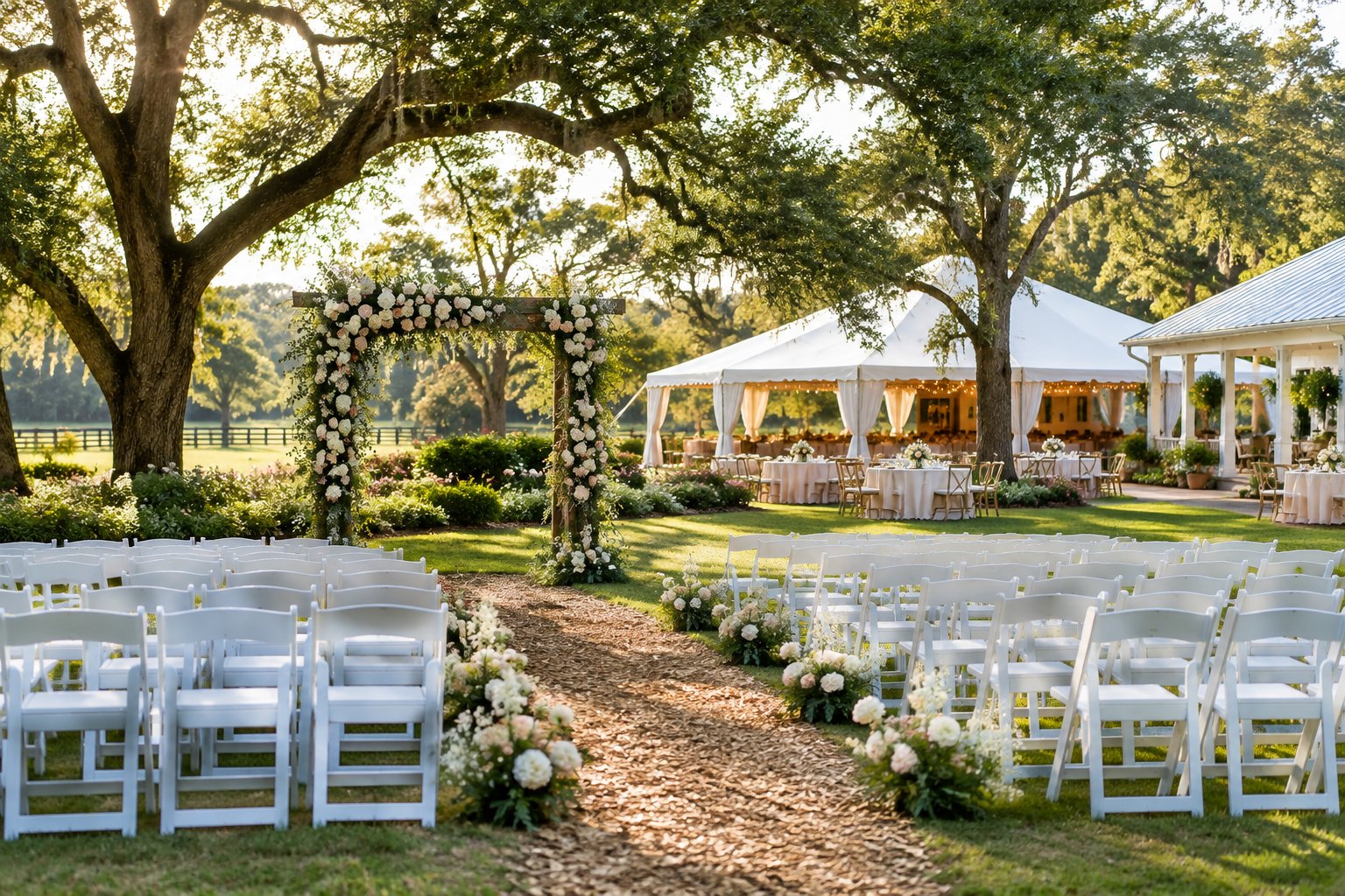 An elegant outdoor wedding ceremony and reception at a lush inland Southern venue.