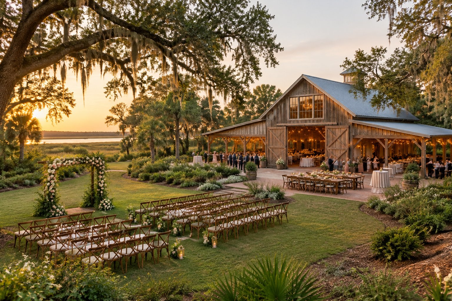A rustic barn wedding venue with outdoor ceremony chairs, floral decorations, string lights, and oak trees.
