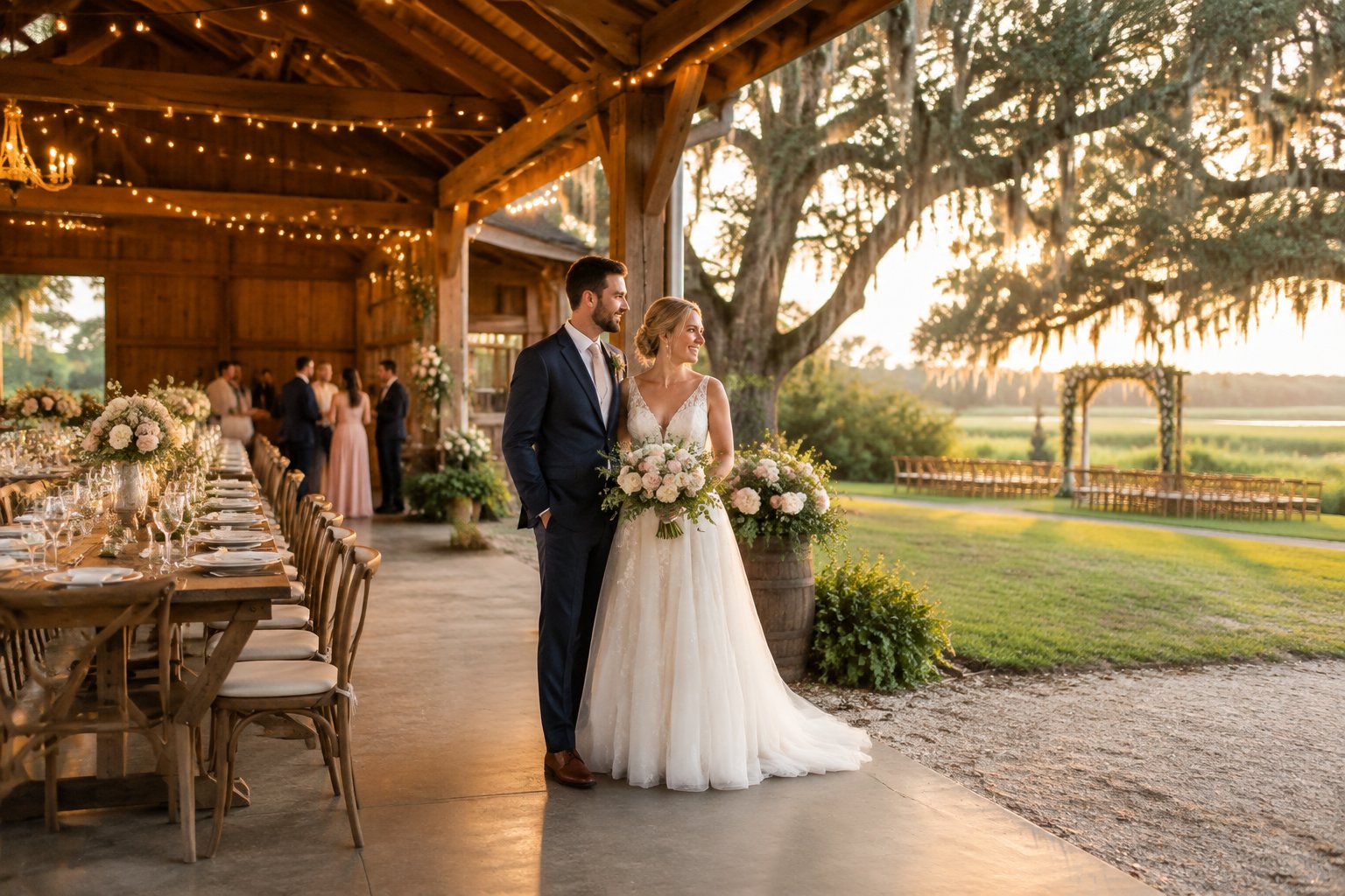 Newlywed couple standing outside an elegant rustic barn wedding venue surrounded by greenery, string lights, and floral decorations.