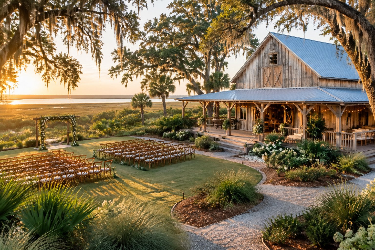 A rustic barn wedding venue with an outdoor ceremony area beneath moss-draped oak trees.