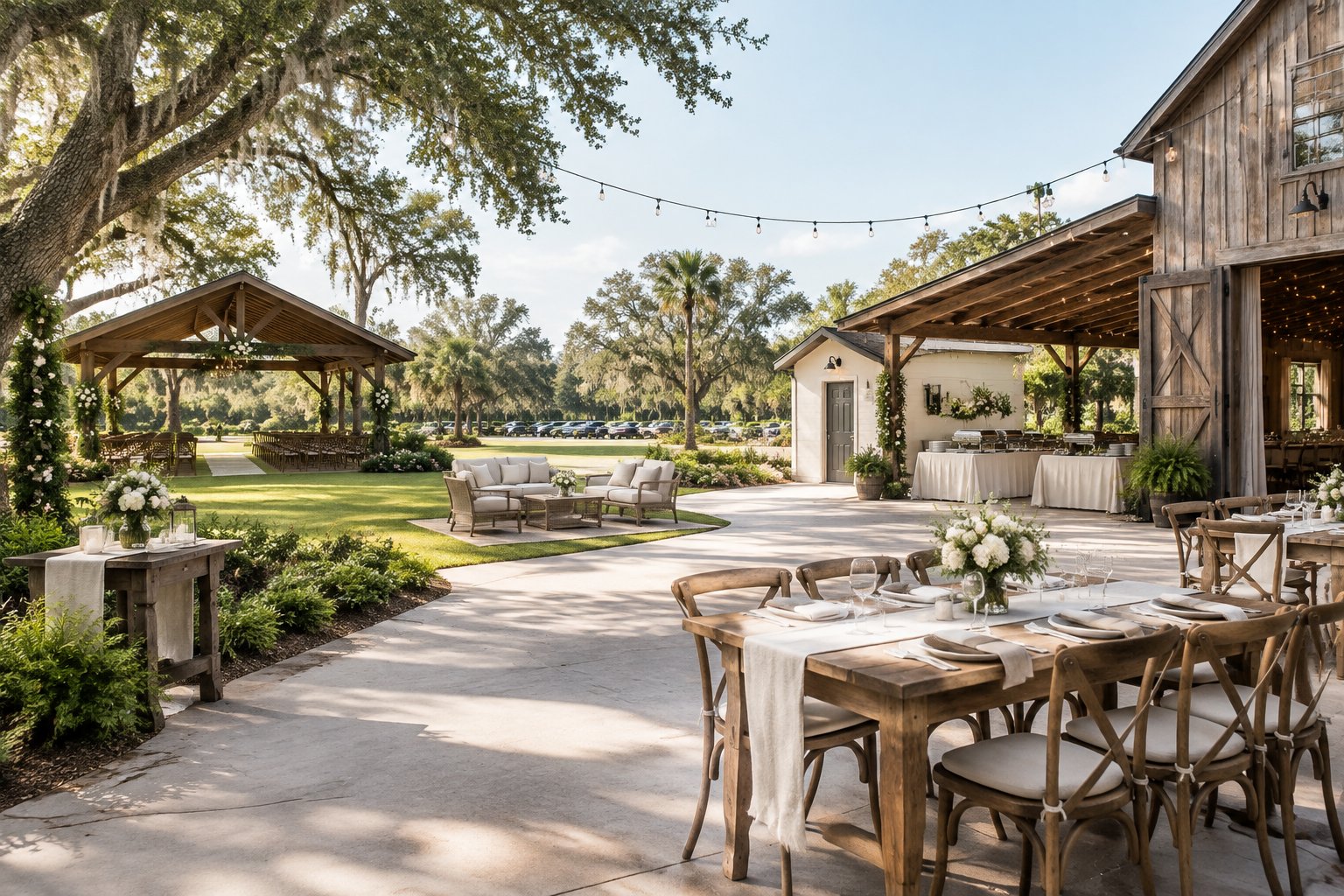 Rustic barn wedding venue with outdoor ceremony space, reception tables, catering setup, and landscaped grounds.