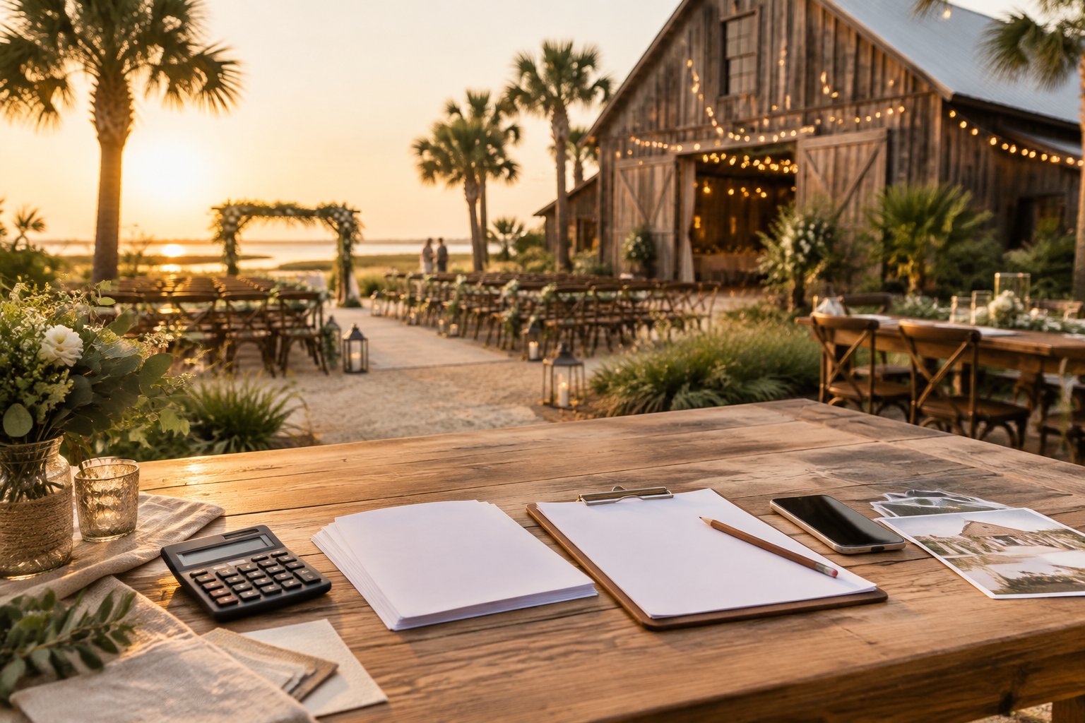 A rustic barn wedding venue with a table holding a calculator and blank planning papers.