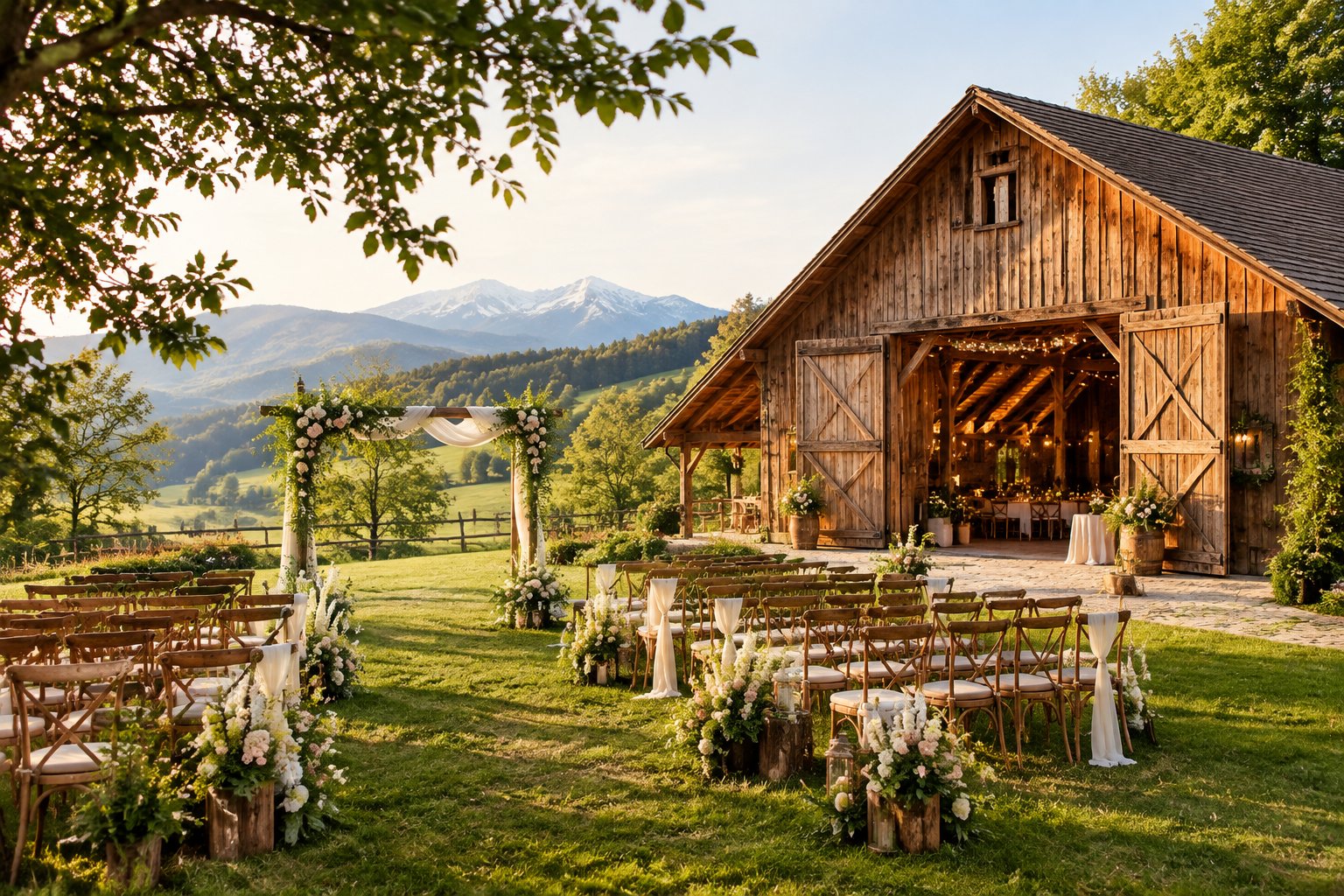 A decorated wooden barn wedding venue in the Swiss countryside near Zurich, surrounded by meadows, trees, and distant mountains.