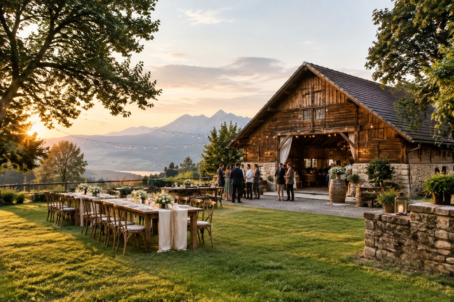 A rustic wooden barn wedding venue surrounded by green fields near Zurich, with decorated tables and guests outdoors.