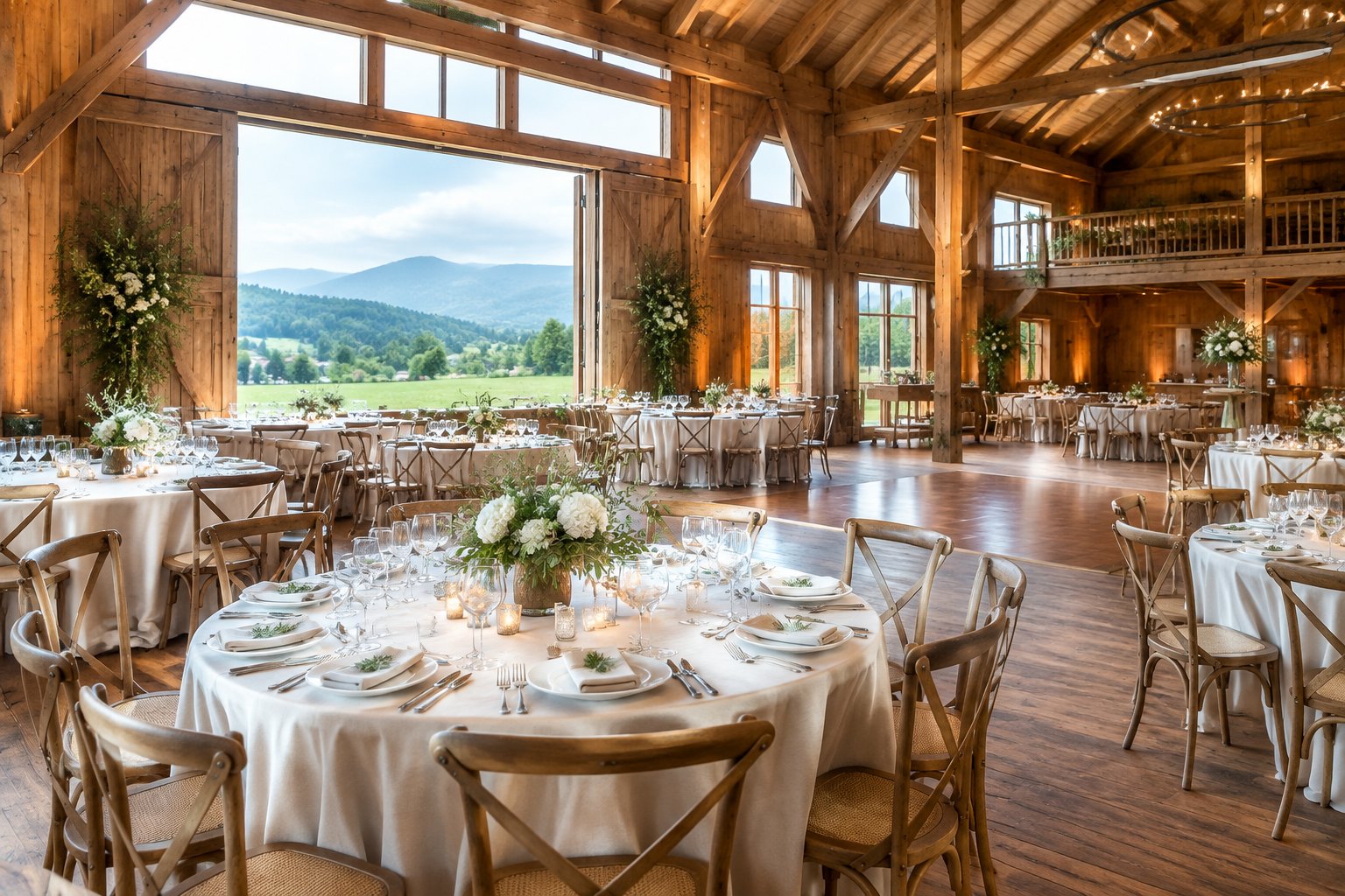 A decorated rustic barn wedding reception overlooking the Swiss countryside.