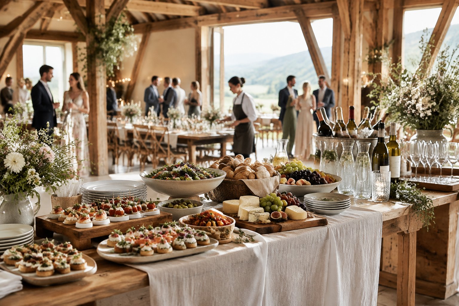 Catering and drinks arranged for a wedding reception inside a rustic barn.