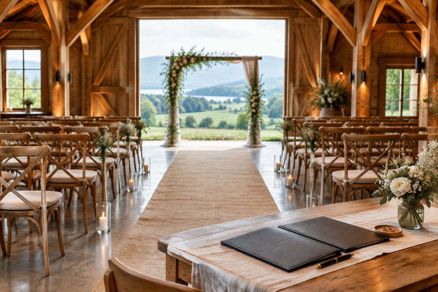 A decorated barn ceremony venue near Zurich with wooden beams, wedding chairs, flowers, rings, and blank ceremony documents.