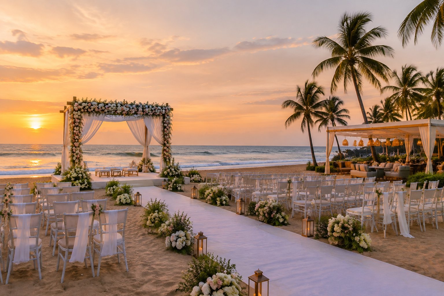 An elegant wedding ceremony setup on a sandy Chennai beach at sunset, with floral decorations, white chairs, palm trees, and the ocean in the background.