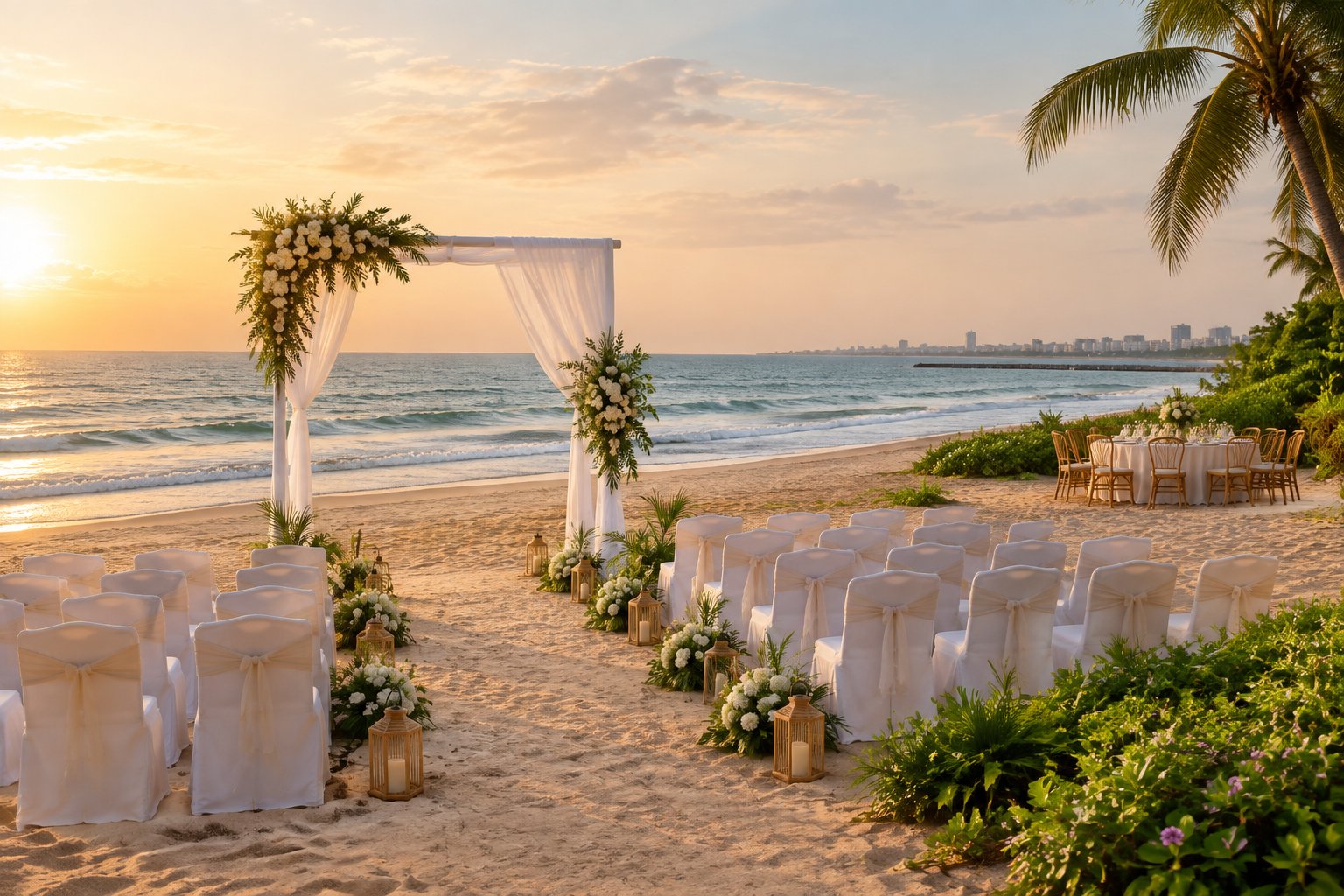 An elegant beach wedding setup on a calm Chennai shoreline with a floral arch, white chairs, and a sea view.