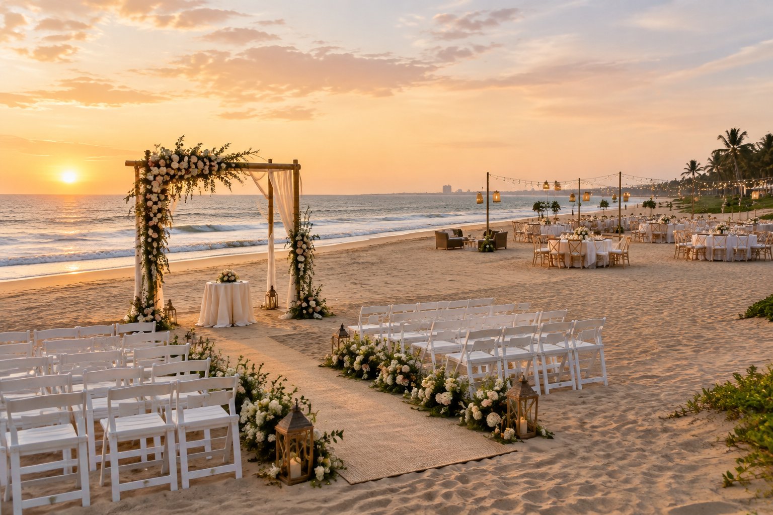 A decorated wedding ceremony setup on a spacious beach with the sea in the background.