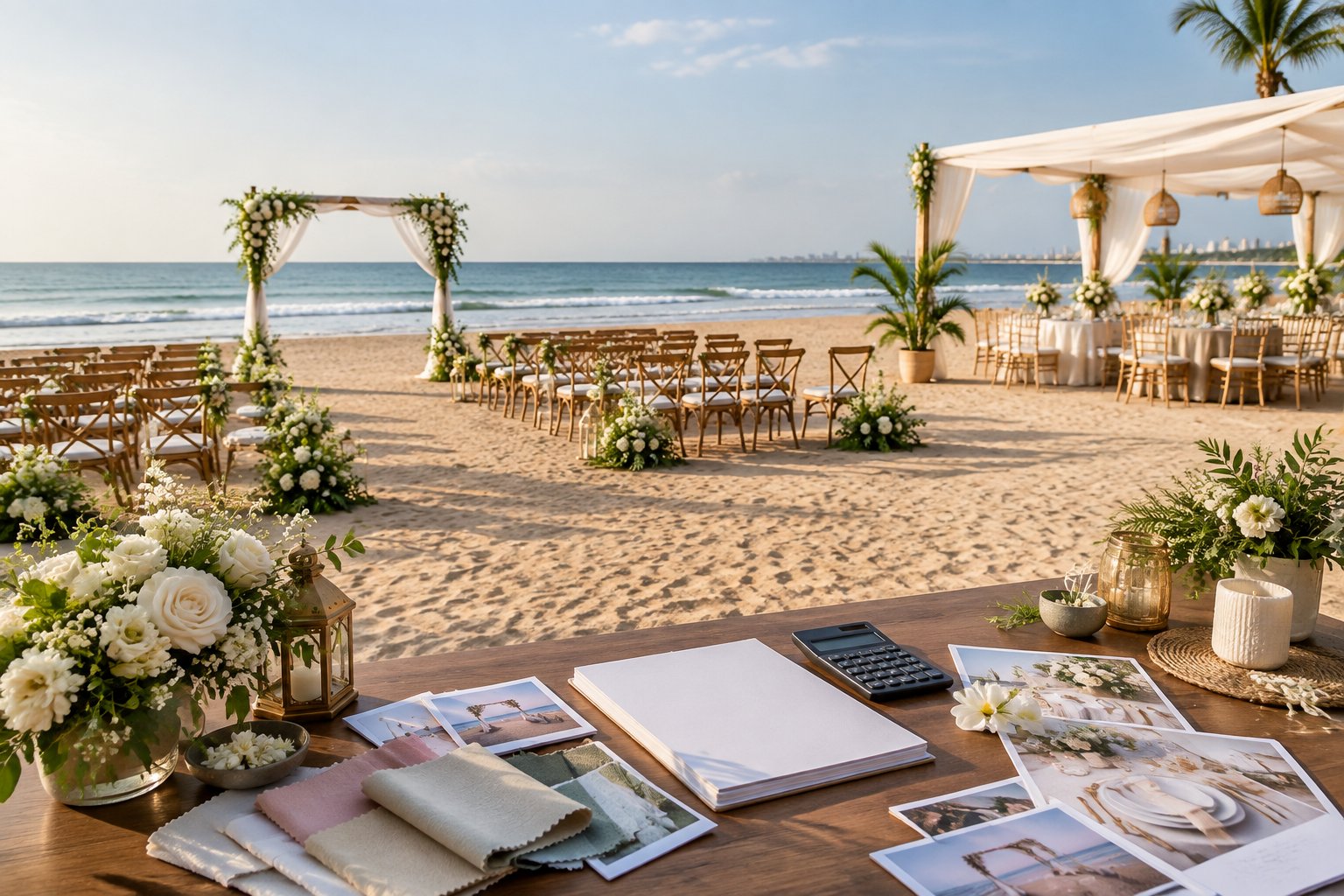 A decorated beach wedding ceremony setup beside the ocean in Chennai, with a planning table in the foreground.
