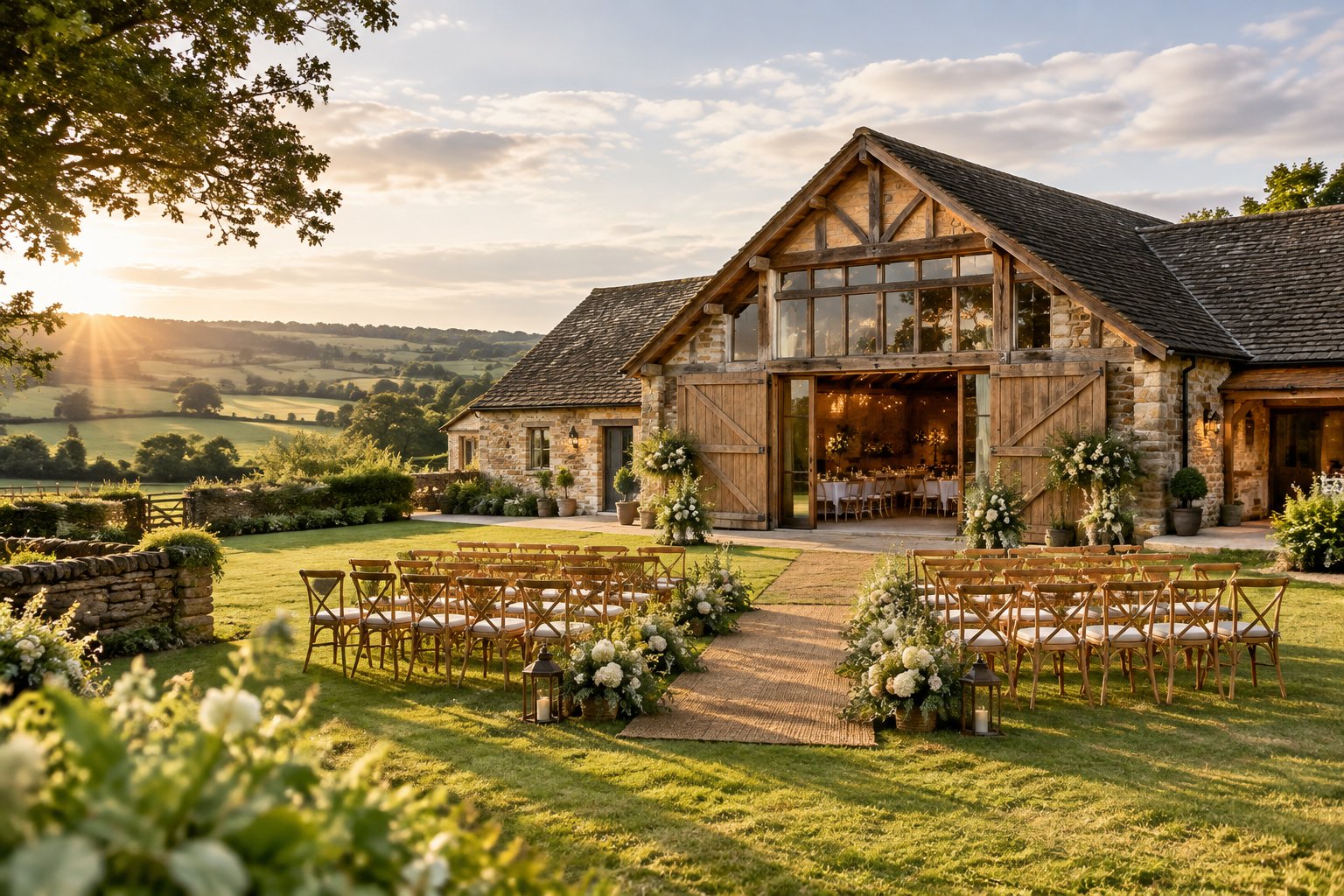 A rustic barn wedding venue surrounded by green countryside, with outdoor ceremony chairs and floral decorations.