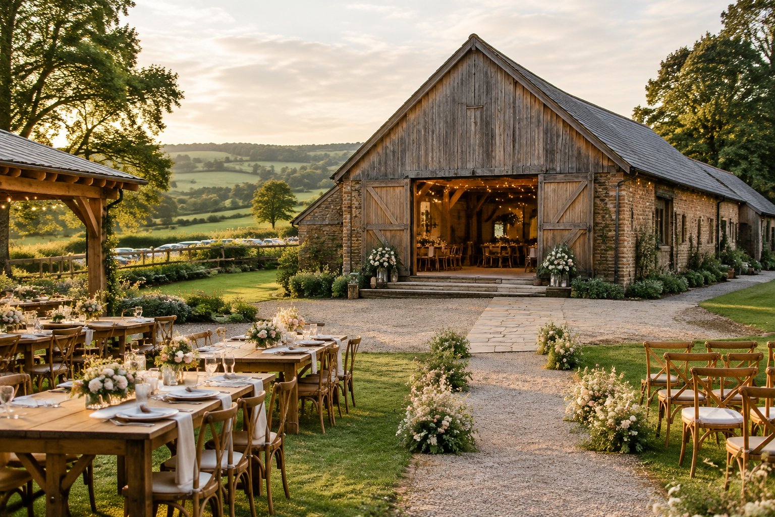 A restored barn wedding venue with decorated tables, floral arrangements, and green countryside surroundings.