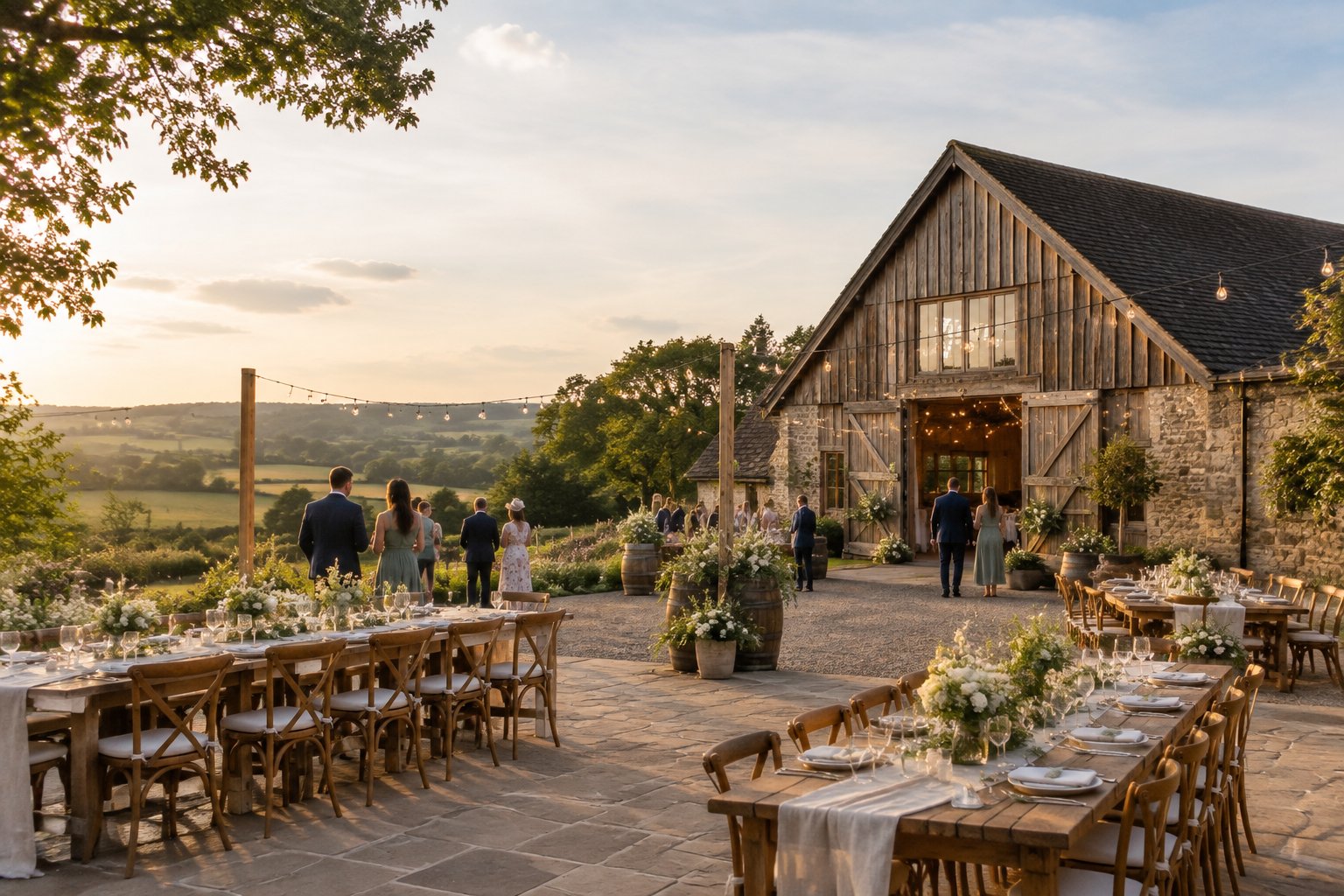 A rustic barn wedding venue surrounded by green countryside, with decorated tables and guests outdoors.
