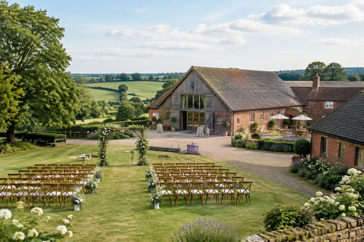 A rustic barn wedding venue surrounded by green countryside with outdoor ceremony seating.