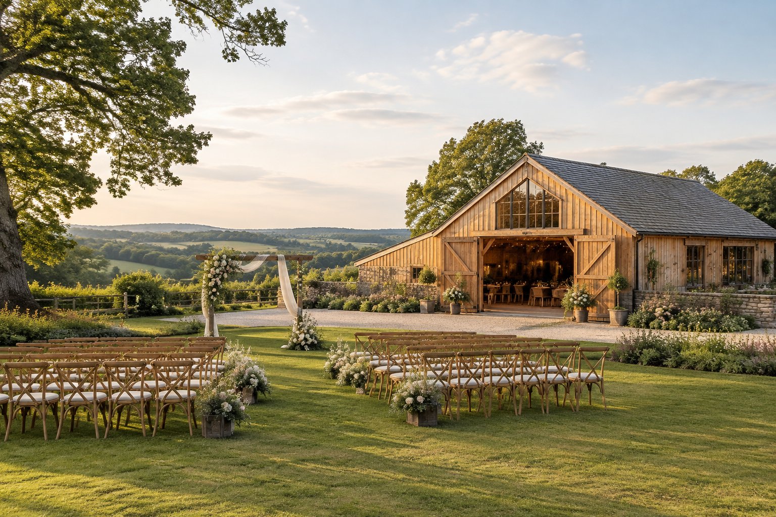 A rustic barn wedding venue surrounded by green countryside, with outdoor ceremony seating and floral decorations.