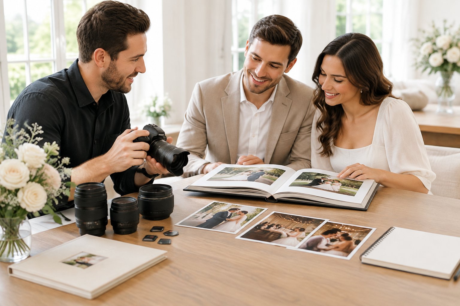 A couple reviews wedding photographs with a professional photographer beside camera equipment.