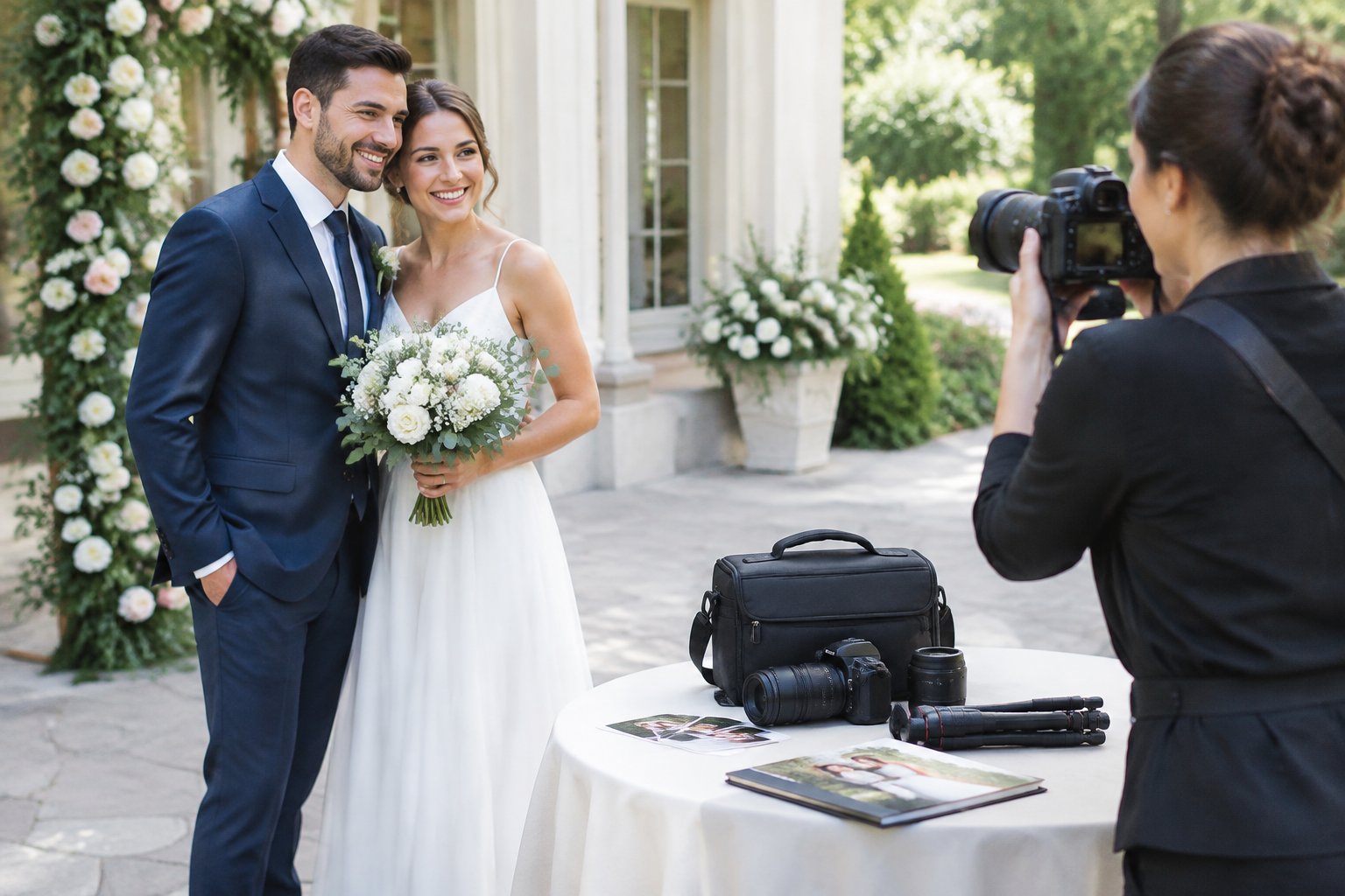 A newlywed couple poses while a photographer prepares to take their picture at a simple wedding venue.