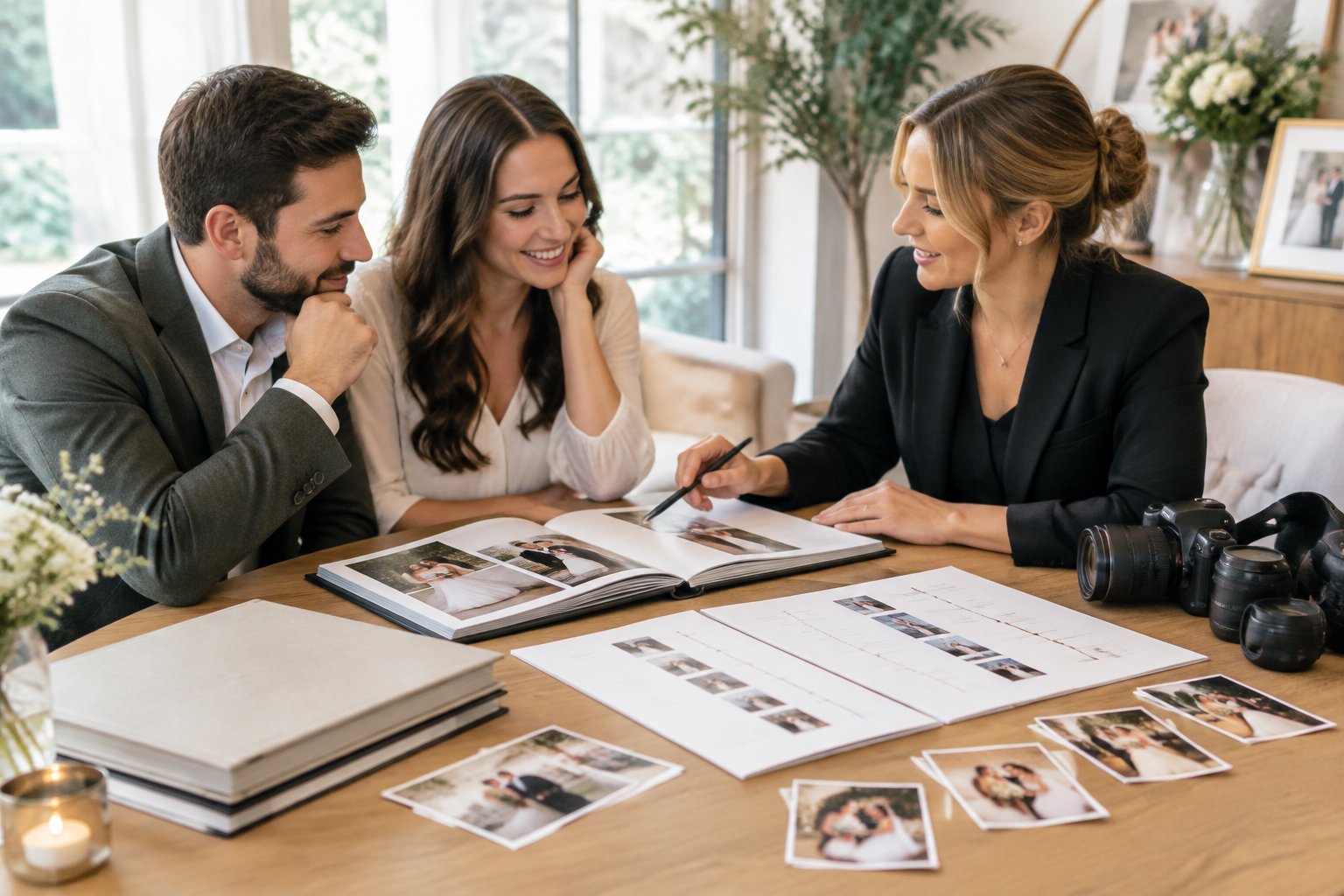 An engaged couple reviews wedding photography options with a professional photographer at a planning table.
