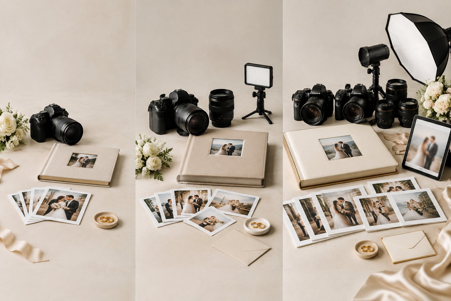 Three wedding photography setups arranged side by side with cameras, albums, prints, and lighting equipment.