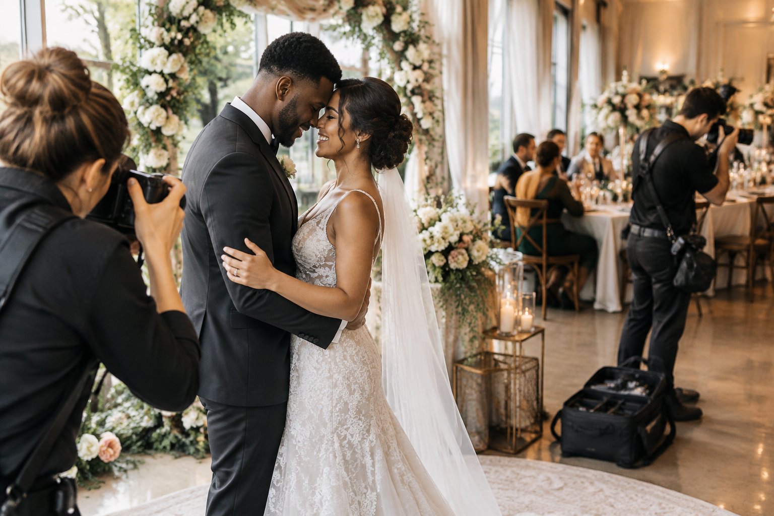 Two wedding photographers capture different moments at a reception while the newlywed couple shares an intimate moment.