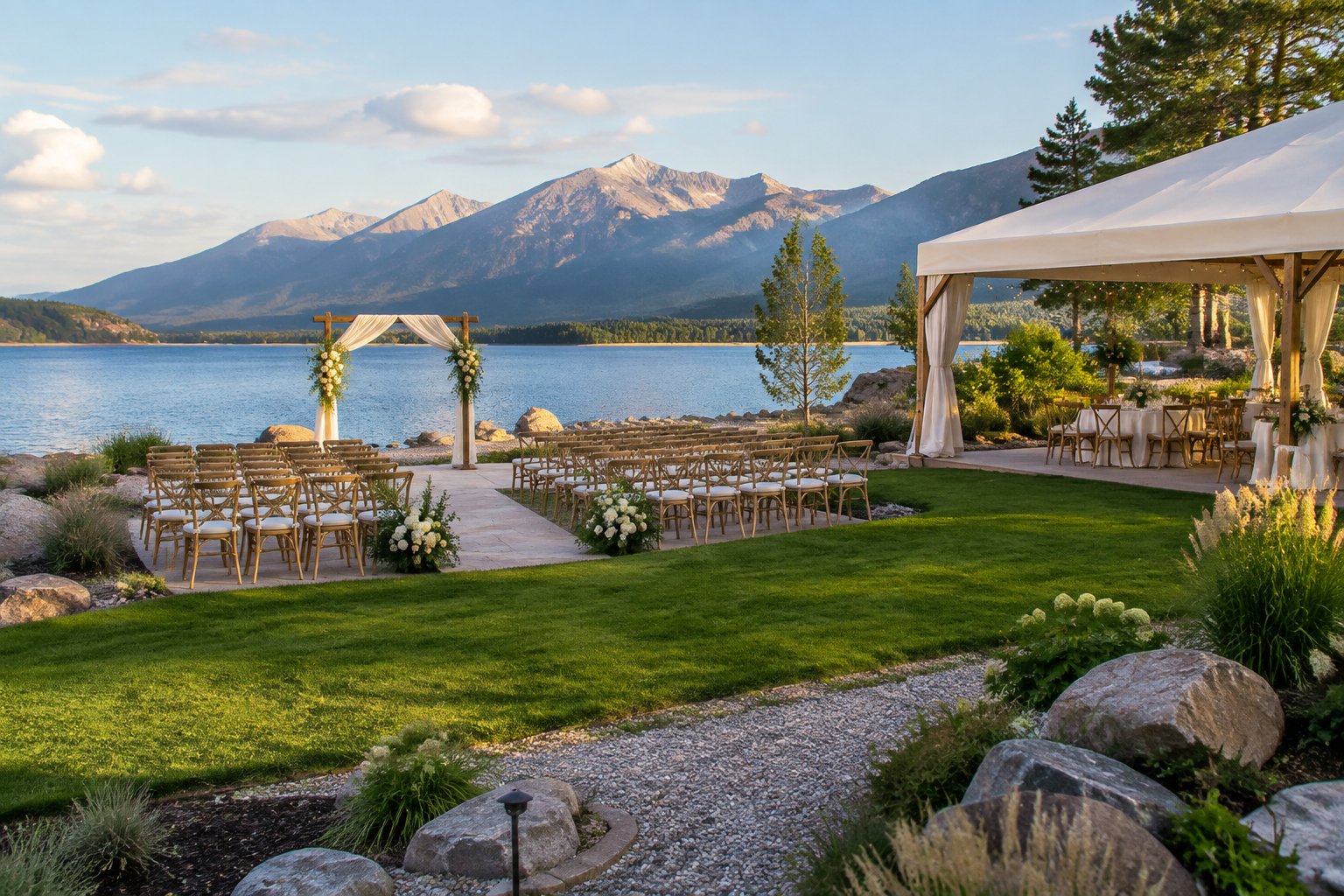 A lakeside wedding venue with white chairs, a floral arch, and mountains in the background.