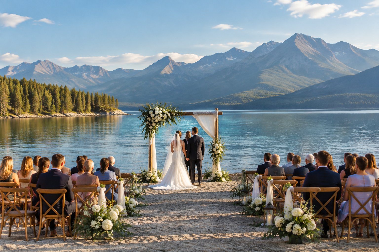 A lakeside wedding ceremony on a scenic beach with mountains in the background.