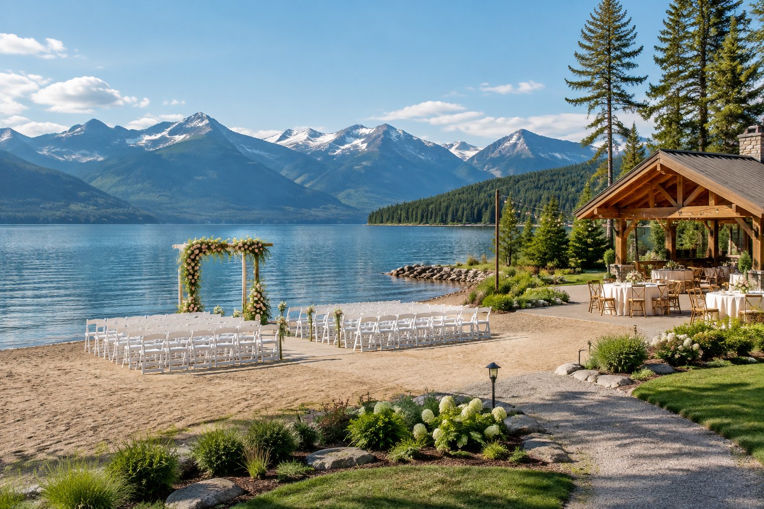 A lakeside wedding venue with white chairs, a floral ceremony arch, and mountain scenery beyond the beach.