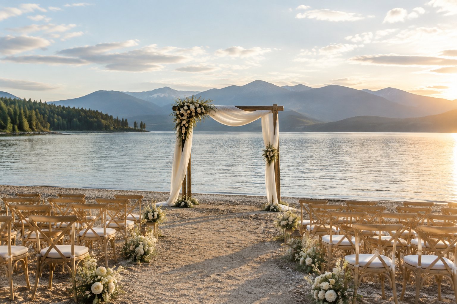 A lakeside wedding ceremony setup with chairs, a floral arbor, calm water, and mountains in the background.