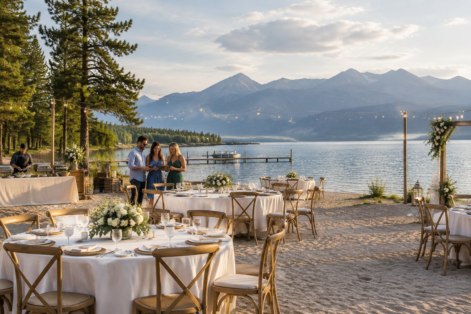 Outdoor wedding reception arranged on a sandy beach beside a mountain lake.