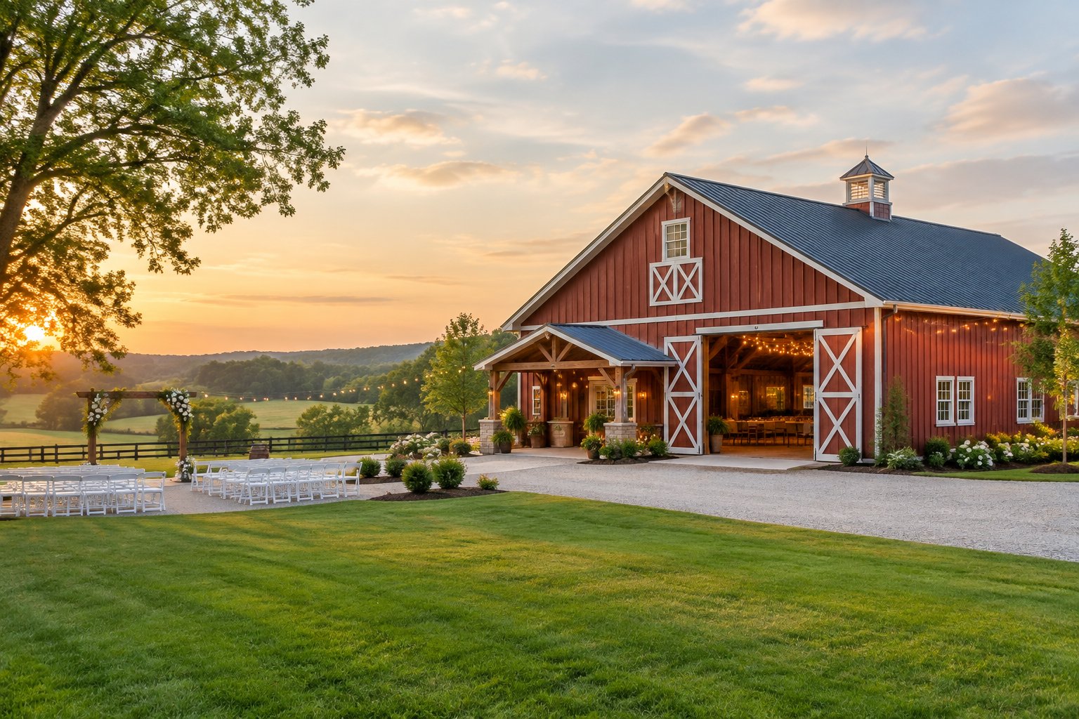 A rustic barn wedding venue surrounded by green lawns, trees, and countryside with white ceremony chairs and floral decorations.