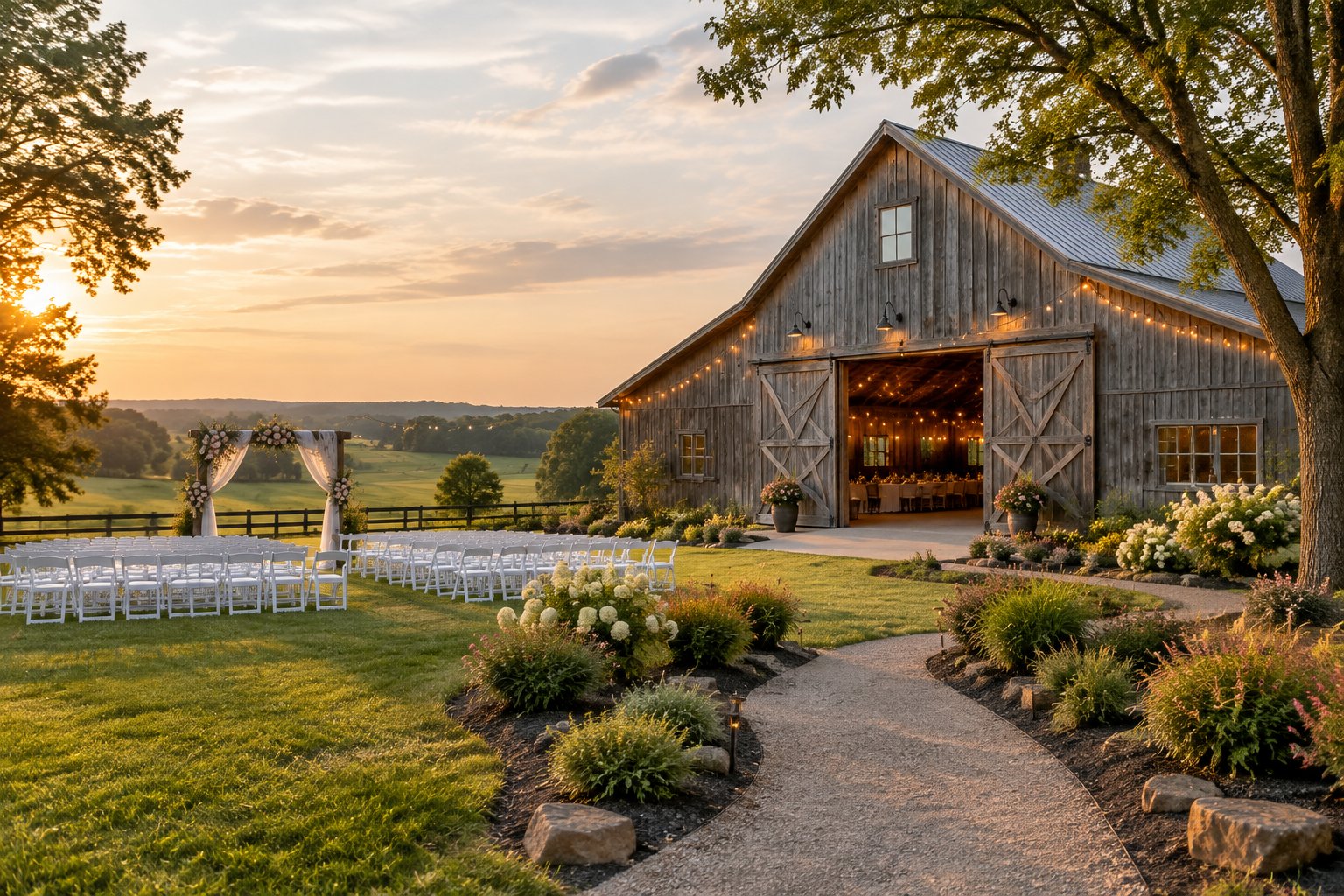 A rustic barn wedding venue surrounded by green fields, trees, string lights, and a decorated outdoor ceremony area.