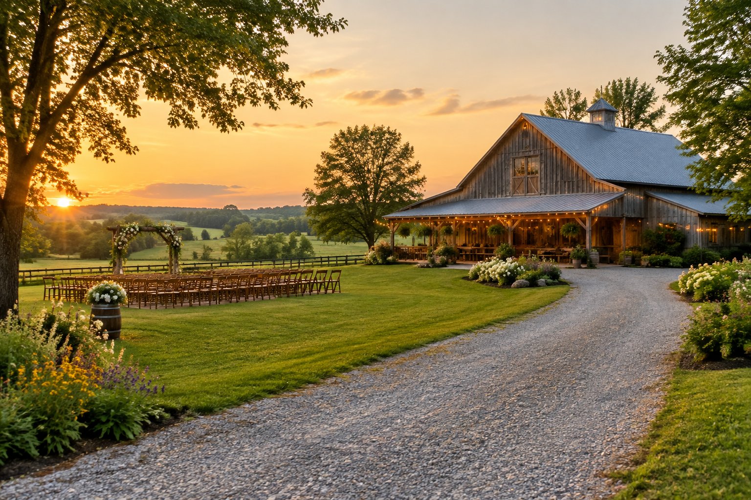 A rustic barn wedding venue surrounded by green farmland, trees, wildflowers, and outdoor ceremony chairs.