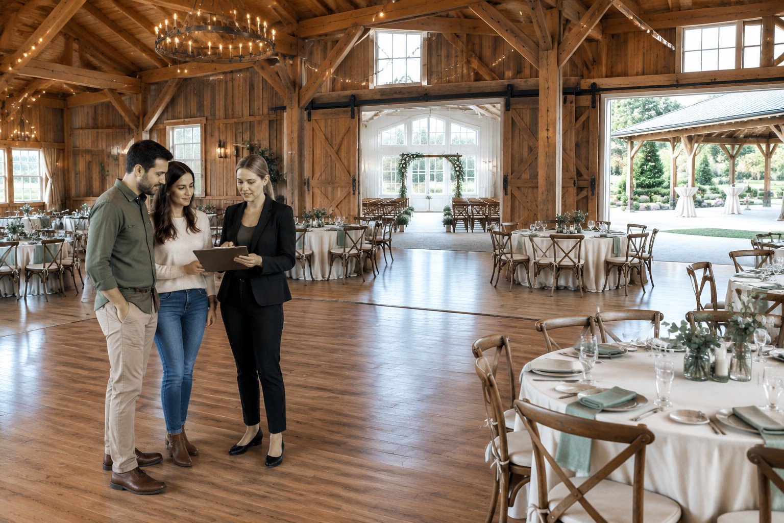 A couple compares the layout of a rustic barn wedding venue with a coordinator.